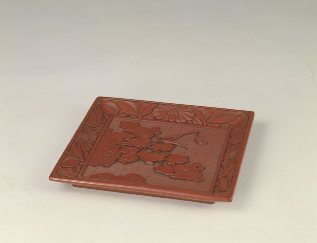 图片[1]-The square plate of red hibiscus kingfisher-China Archive